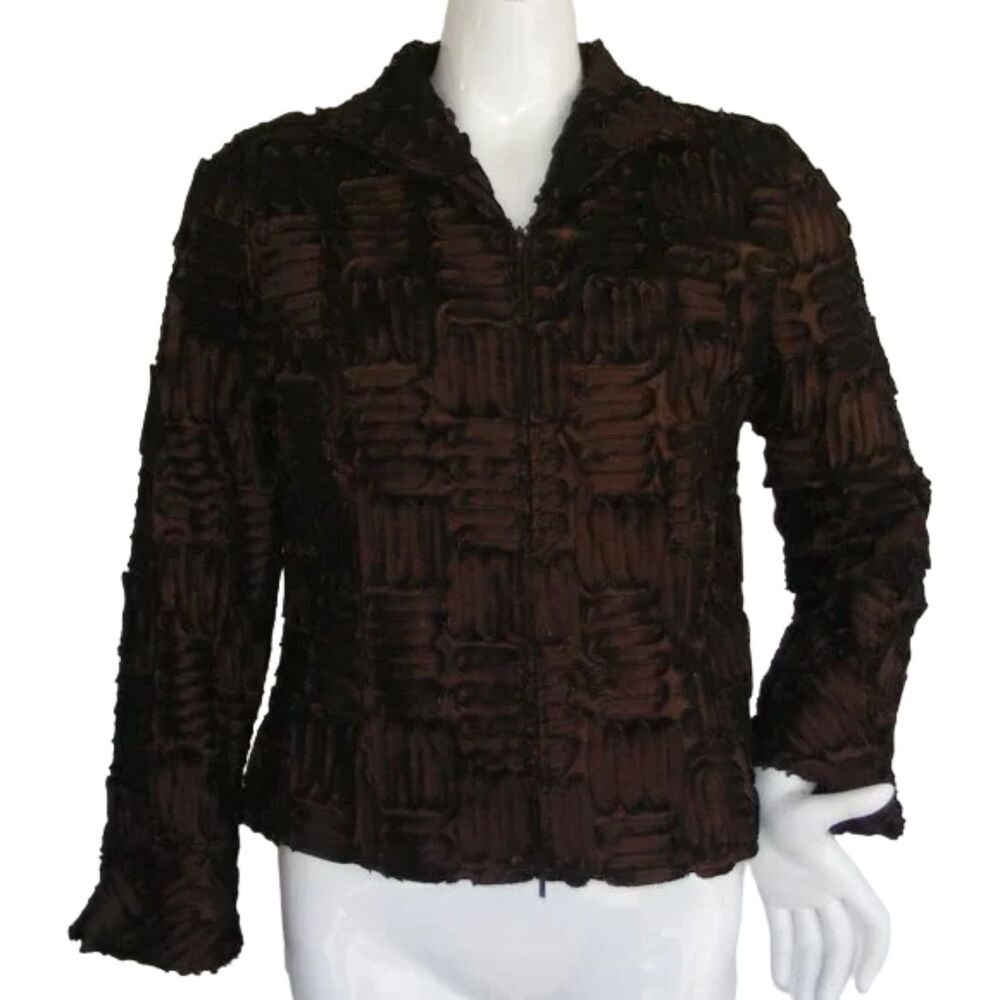 SAMUEL DONG Jacket, M, Brown, Ribbon Strips, Zipper front, Hand Wash - Picture 10 of 14